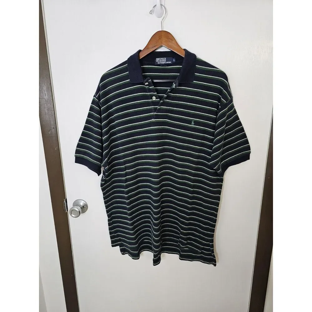 Polo Ralph Lauren Classic Fit Mens Size Large LG Polo Shirt Blue Green Stripe